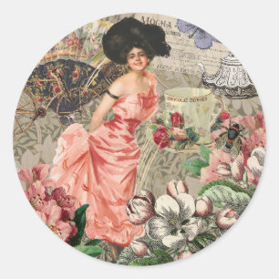 Coffee Lady Victorian Woman Pink Classy Classic Round Sticker