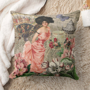 Coffee Lady Victorian Woman Pink Classy Cushion