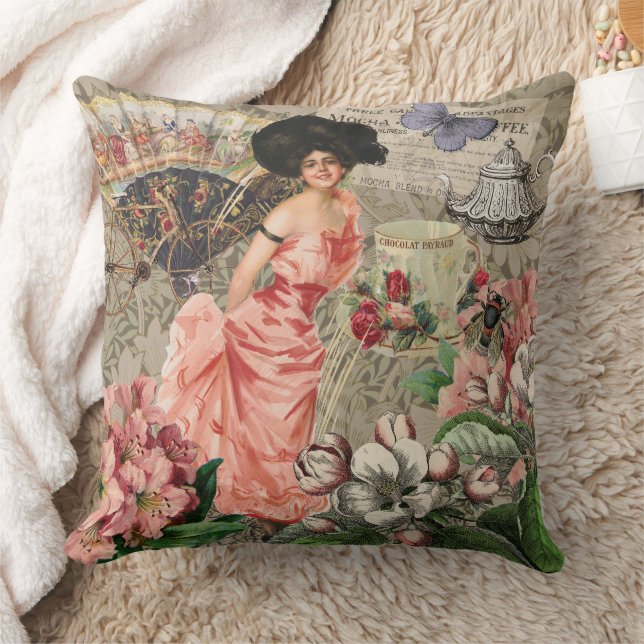 Coffee Lady Victorian Woman Pink Classy Cushion (Blanket)