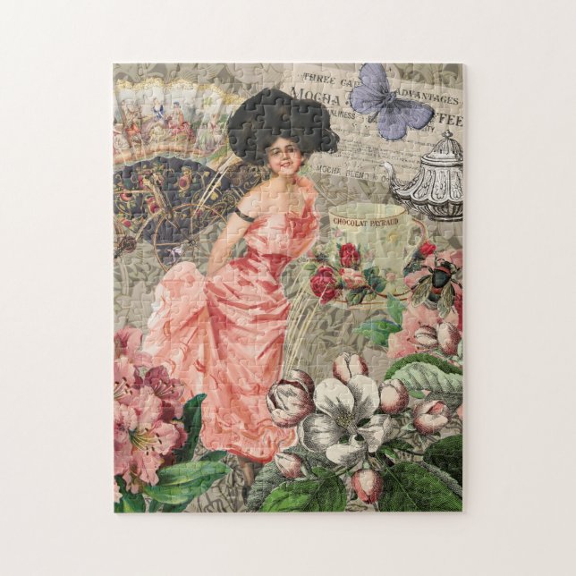 Coffee Lady Victorian Woman Pink Classy Jigsaw Puzzle (Vertical)