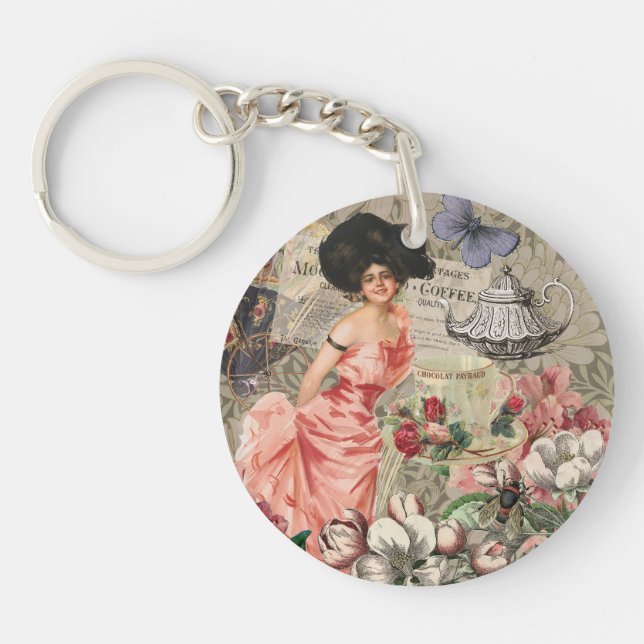 Coffee Lady Victorian Woman Pink Classy Key Ring (Front)