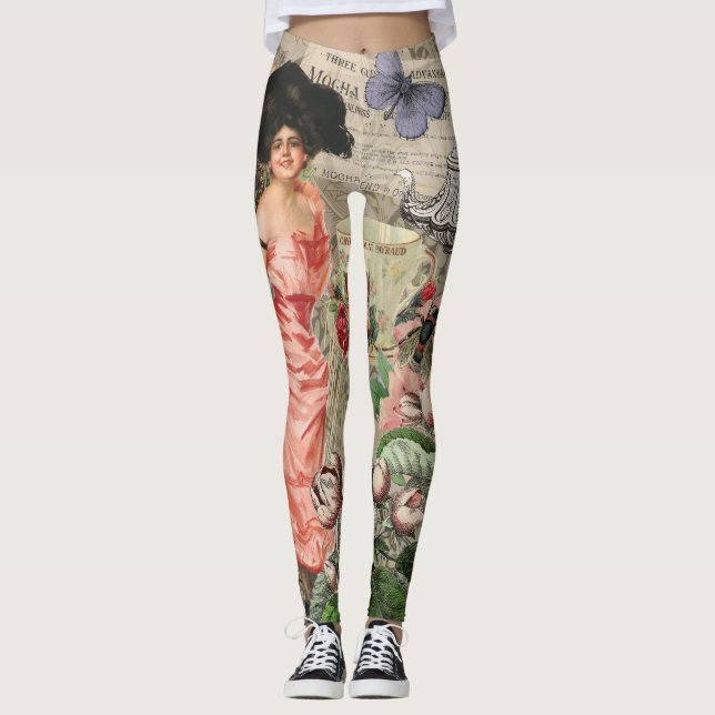 Coffee Lady Victorian Woman Pink Classy Leggings (Front)