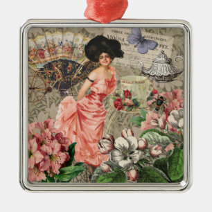 Coffee Lady Victorian Woman Pink Classy Metal Ornament