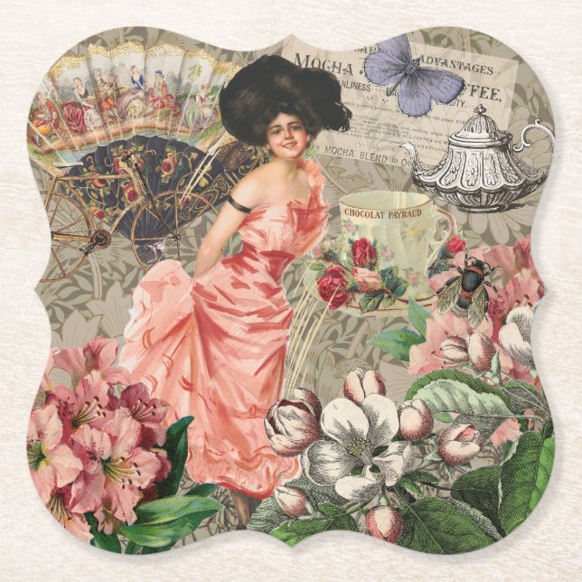 Coffee Lady Victorian Woman Pink Classy Paper Coaster (Front)