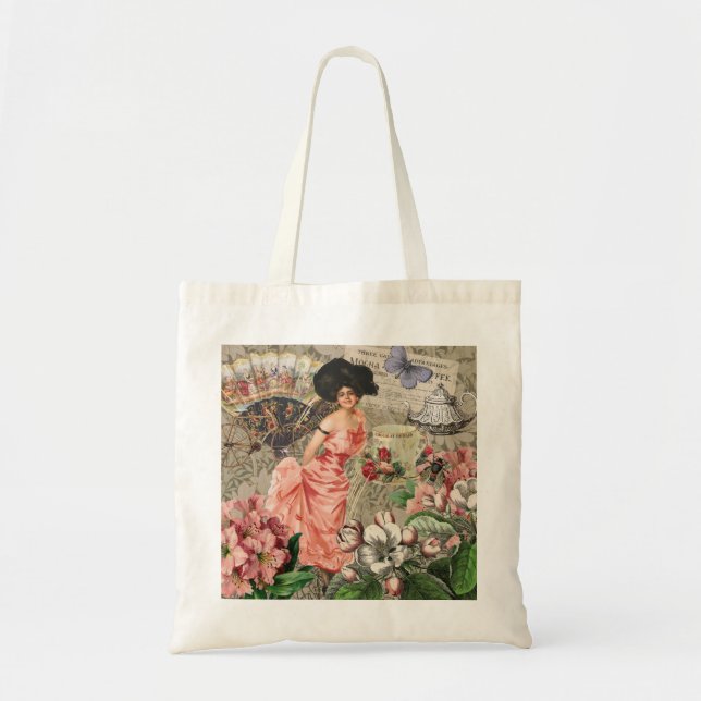 Coffee Lady Victorian Woman Pink Classy Tote Bag (Front)