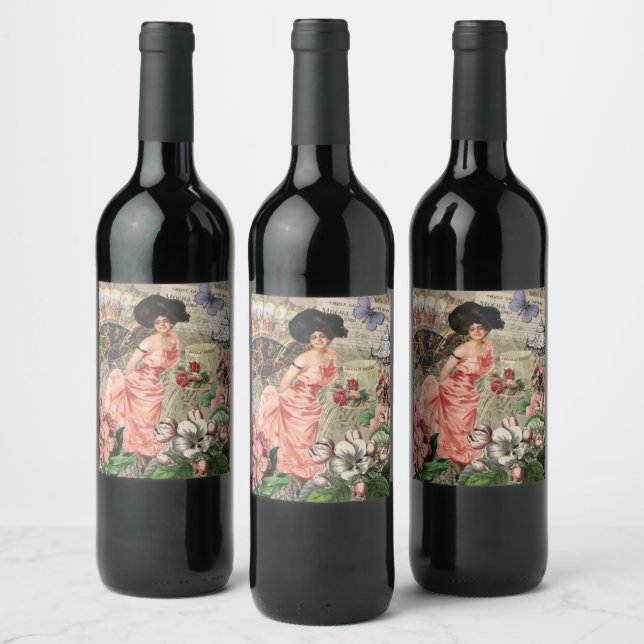 Coffee Lady Victorian Woman Pink Classy Wine Label (Bottles)