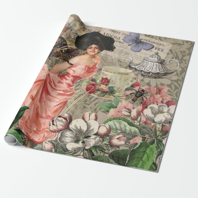 Coffee Lady Victorian Woman Pink Classy Wrapping Paper (Unrolled)