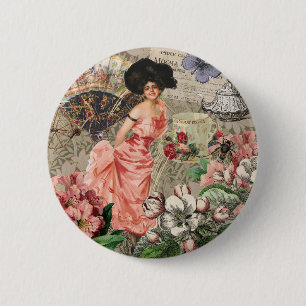Coffee Lady Victorian Woman Pink Rich Gown 6 Cm Round Badge