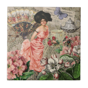 Coffee Lady Victorian Woman Pink Rich Gown Ceramic Tile