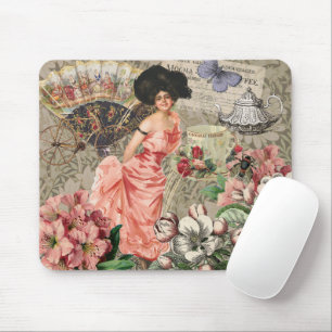 Coffee Lady Victorian Woman Pink Rich Gown Mouse Pad