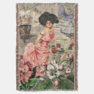 Coffee Lady Victorian Woman Pink Rich Gown Throw Blanket