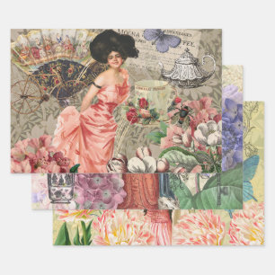 Coffee Lady Victorian Woman Pink Rich Gown Wrapping Paper Sheet