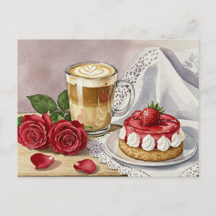 Coffee Latte Cheesecake Strawberry Rose Postcard