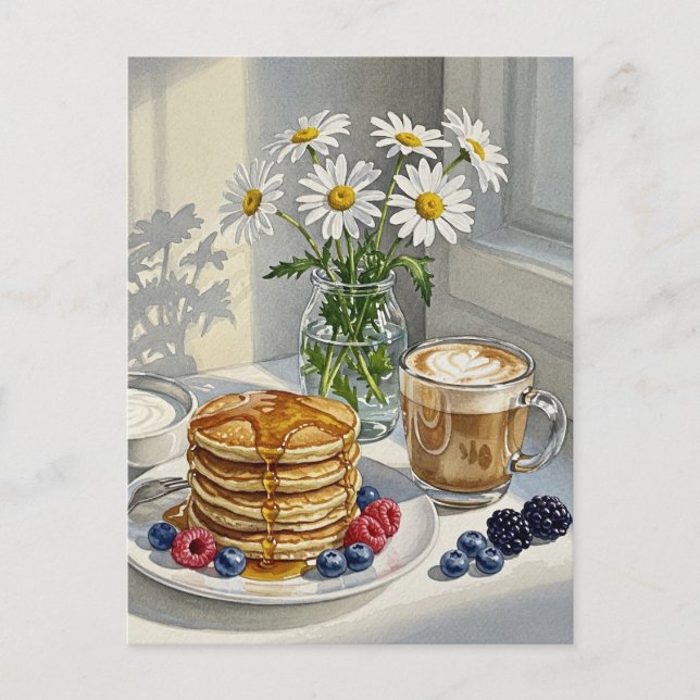 Coffee Latte Pancakes Breakfast Postcard (Front)