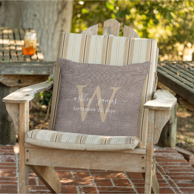 Coffee Linen Monogram Wedding Keepsake Cushion (Chair)