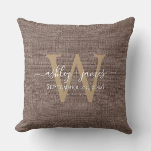 Coffee Linen Monogram Wedding Keepsake Cushion