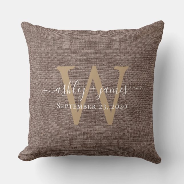Coffee Linen Monogram Wedding Keepsake Cushion (Front)