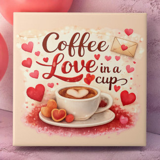 Coffee Love in a Cup Valentine Soft Pink Ceramic Tile