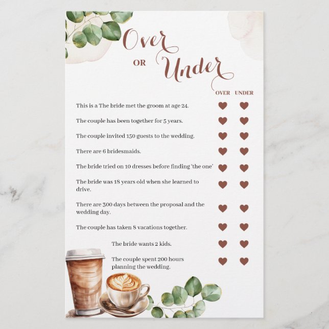 Coffee Love is Brewing Over or Under Games Card (Front)