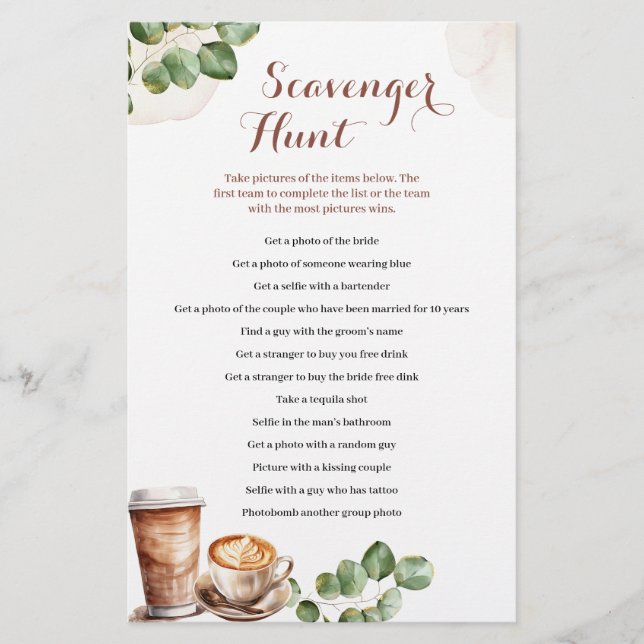 Coffee Love is Brewing  Scavenger Hunt Games Card (Front)