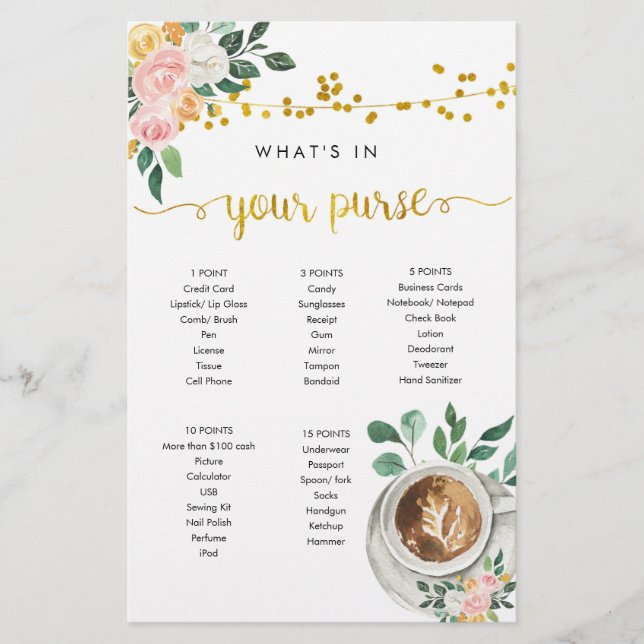 Coffee Love is Brewing What's in Your Purse Game (Front)