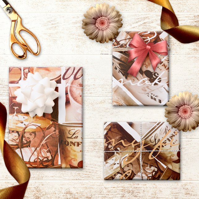 Coffee Love Sweet Romantic Paris Wrapping Paper Sheet (Wrapping paper sheets featuring a collage of coffee images and Paris in watercolor style)