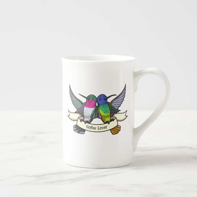 Coffee Lover Cute Hummingbirds Holding Ribbon Bone China Mug (Right)