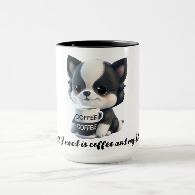 Coffee lover Dog lover black and white dog  Mug (Center)