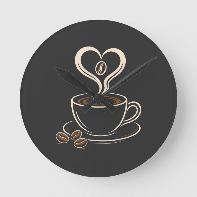 Coffee Lover Heart Steam Minimalist Design Round Clock (Front)