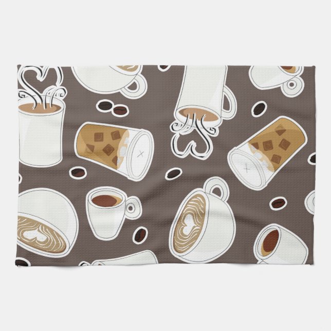 Coffee Lover Pattern Brown / Grey Tea Towel (Horizontal)