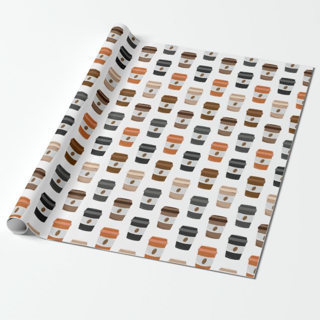 Coffee Lover Print, Travel Coffee Mug Pattern Wrapping Paper (Unrolled)