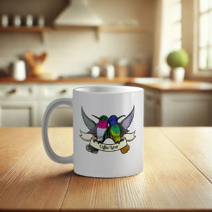 Coffee Lover Tattoo Style Hummingbirds & Ribbon Coffee Mug