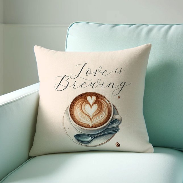 Coffee Lover Themed Love Is Brewing Throw Pillows (love is brewing throw pillow with a watercolor latte and heart shaped foam. )