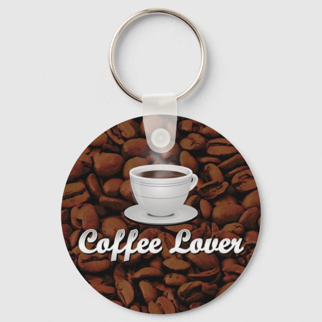 Coffee Lover, White Cup/Brown Beans Key Ring (Front)