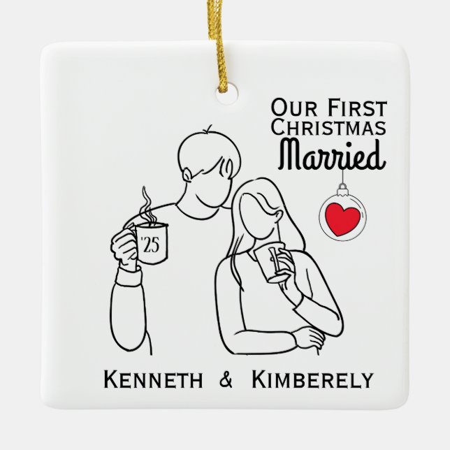 Coffee Lovers First Christmas Married Ceramic Ornament (Front)