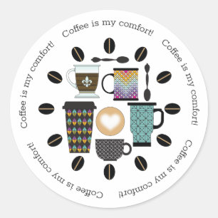 Coffee Lovers Mugs, Cups & Beans Pattern Classic Round Sticker