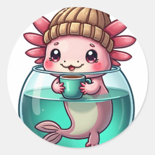 Coffee Loving Axolotl Kawaii Cute Art Classic Round Sticker
