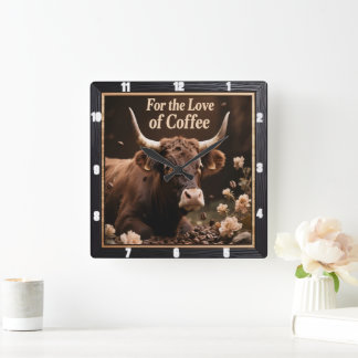 Coffee Loving Bull  Square Wall Clock