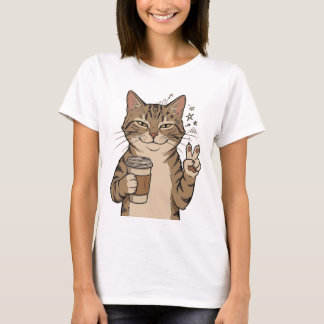 "Coffee-Loving Cat" Cotton T-Shirt