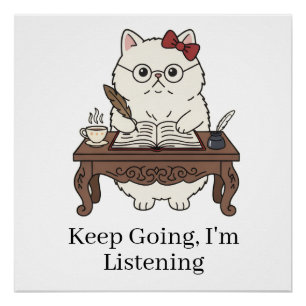 Coffee Loving Cat Studying Cute Motivational Art Poster