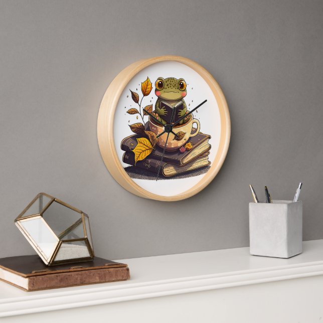 Coffee-Loving Frog Reading Books  Clock (Office)