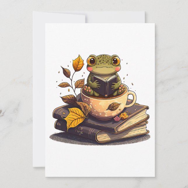 Coffee-Loving Frog Reading Books  Holiday Card (Front)