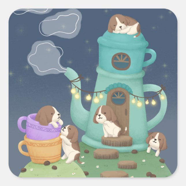 Coffee Maker & Puppies Illustration Art Square Sticker (Front)