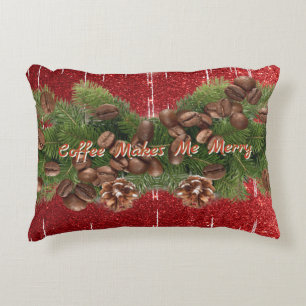 Coffee Makes Me Merry Bean Text Red Silver Glitter Decorative Cushion