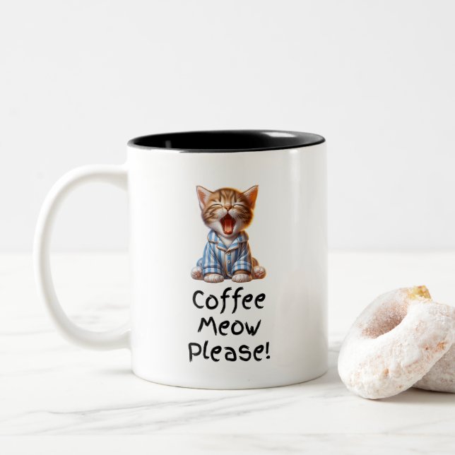 Coffee Meow Please! Cute Kitten Yawning Mug  (With Donut)