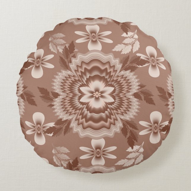 Coffee & Milk Colour Flowers Fractal Art Pattern Round Cushion (Front)