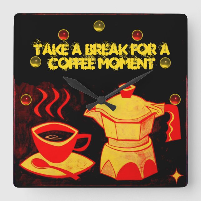 COFFEE MOMENT /Red Yellow Coffee cup and coffeepot Square Wall Clock (Front)