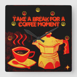 COFFEE MOMENT /Red Yellow Coffee cup and coffeepot Square Wall Clock