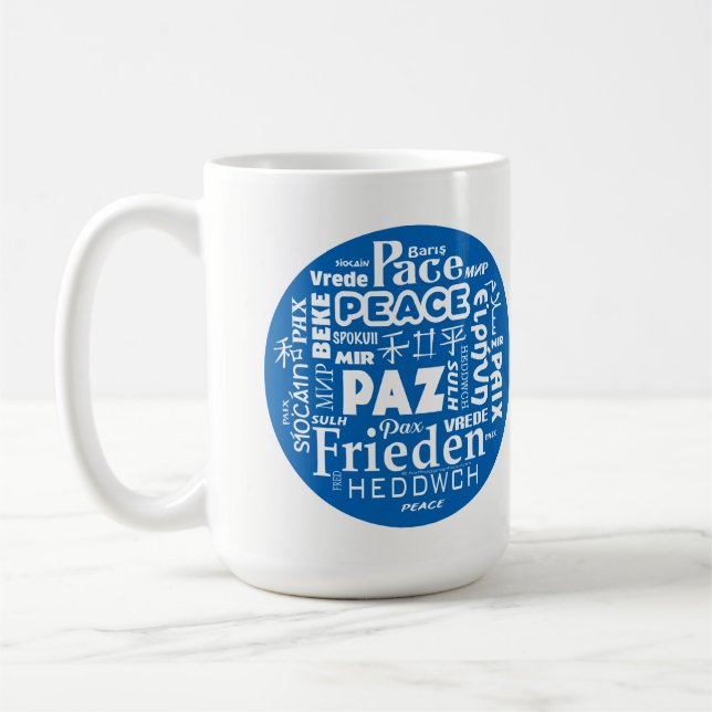 Coffee mug Blue/white peace multiple languages (Left)