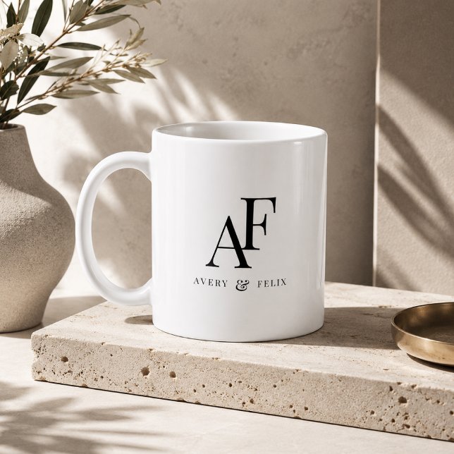 Coffee Mug | Custom Couple Wedding Monogram Gift (Personalized wedding monogram coffee mug with custom initials and couple name detail.)